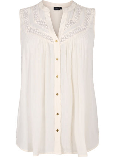 Ermeløs viskosebluse med heklet detaljer, Bone White, Packshot image number 0