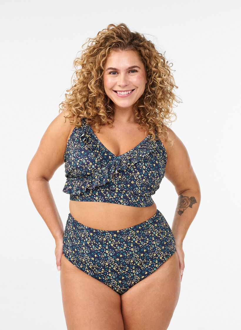 Blomstrete bikinioverdel med volangdetaljer, Bl&aring;, Model image number 1