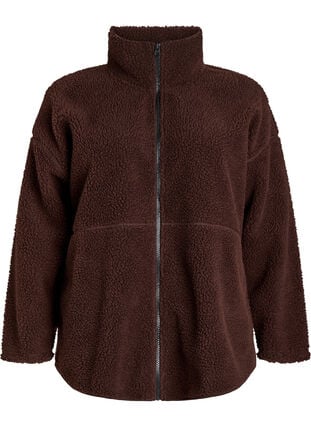 Zizzi Sporty teddyfleecejakke med glidelås, Hot Fudge, Packshot image number 0