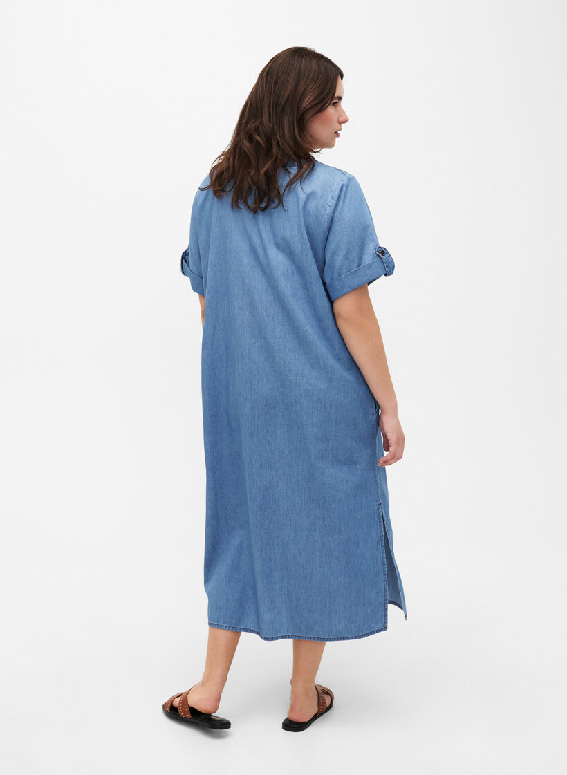 Denimkjole med splitt og korte ermer, Blue denim, Model image number 1