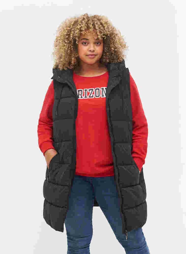 Lang vest med hette og lommer, Black, Model