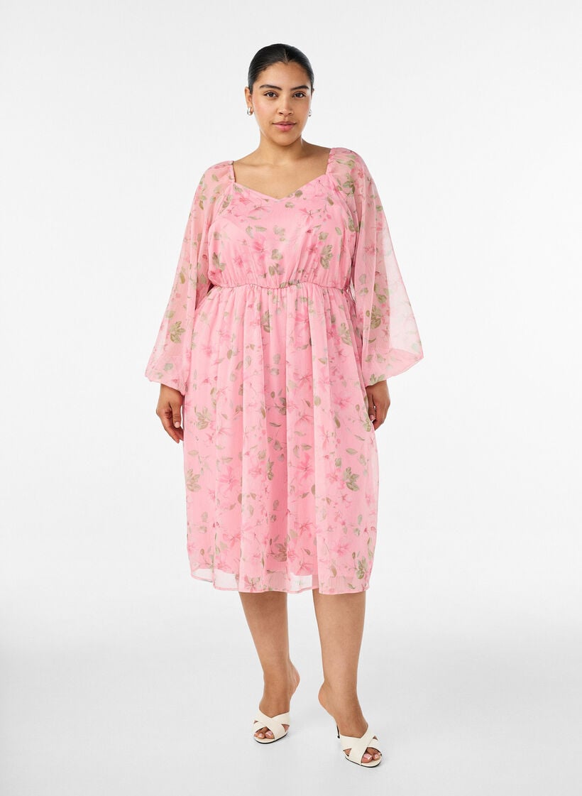 Chiffon festkjole med lange ermer, Rosa, Model image number 0