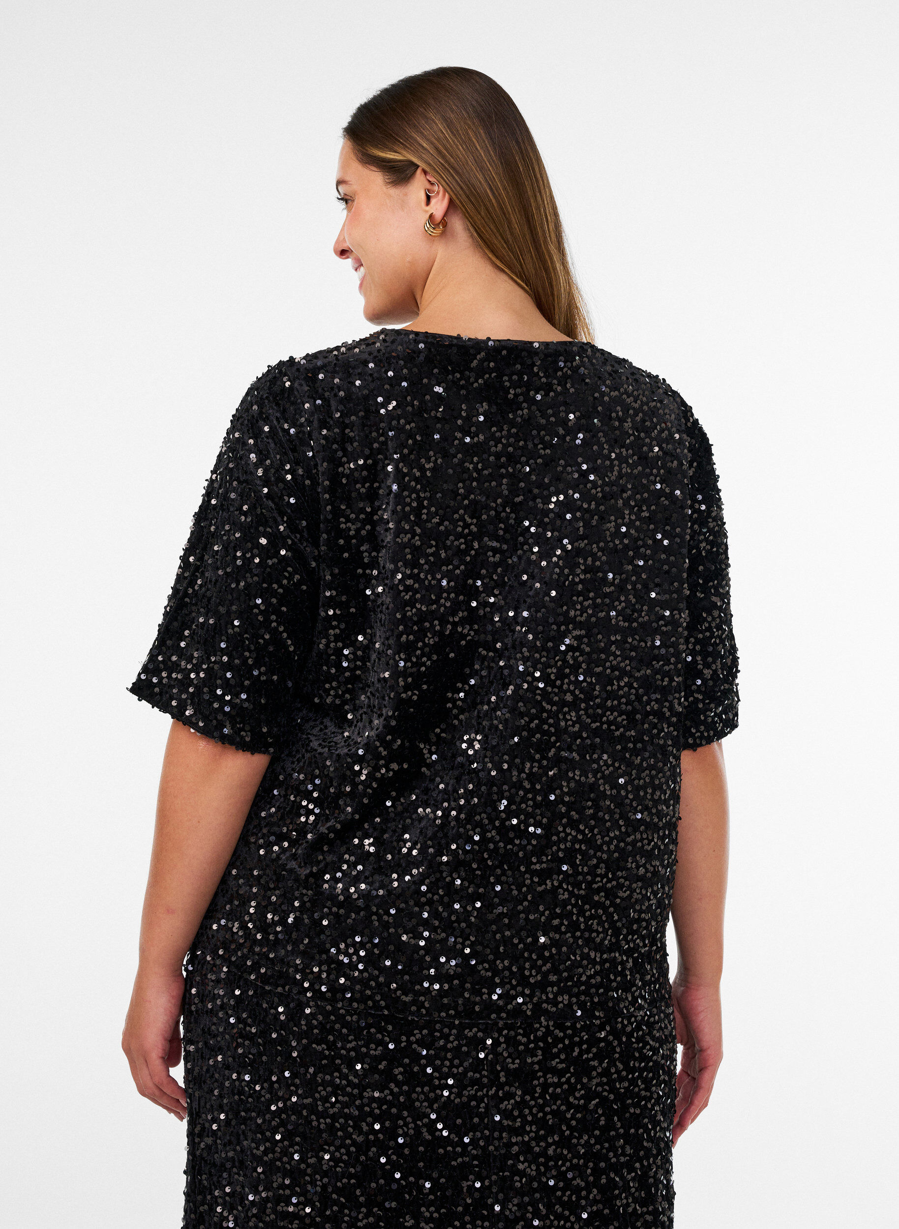 ZizziPaljettbluse med albuelange ermer, Svart, Model image number 2