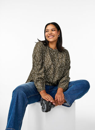 Zizzi Langermet bluse med mønster og knapper, Grønn, Image image number 0