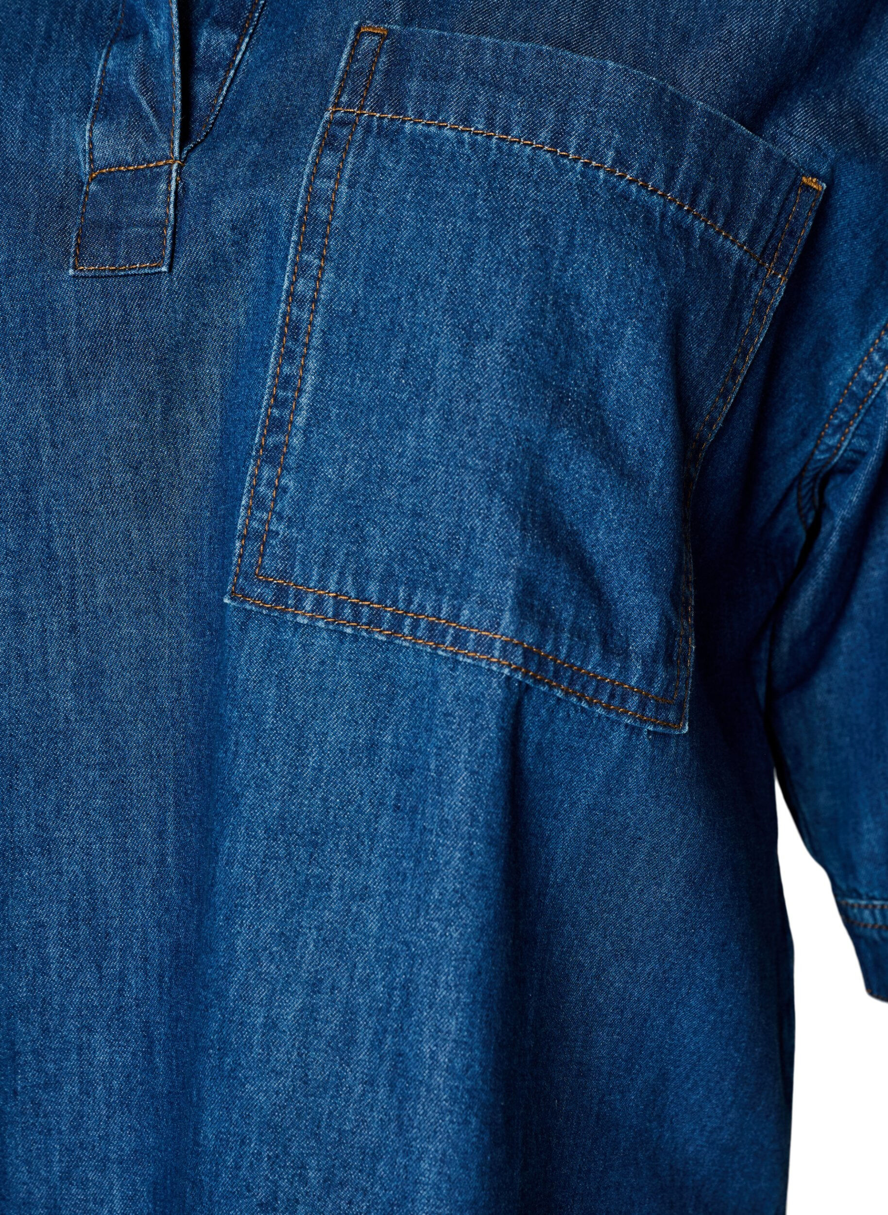 ZizziDenimbluse med brystlomme og albuelange ermer, Bl&aring;, Packshot image number 2