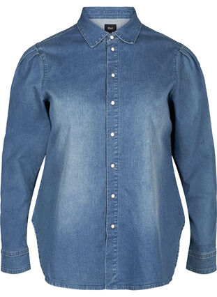 Denimskjorte med puffermer, Blue denim, Packshot image number 0