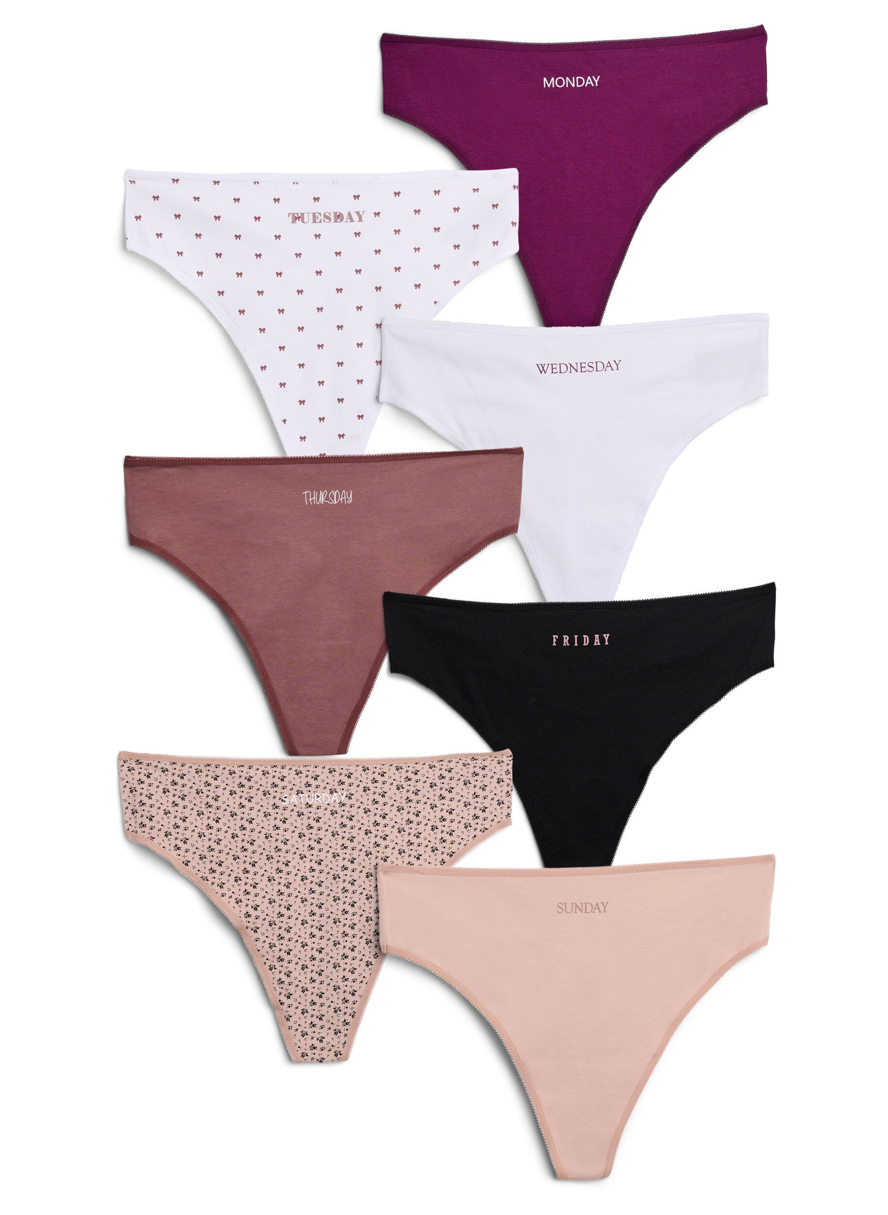 7-pakning G-strenger i bomull med ukedager trykt