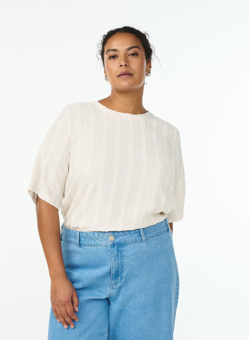 Bluse med strukturmønster og korte ermer, Beige, Model image number 0