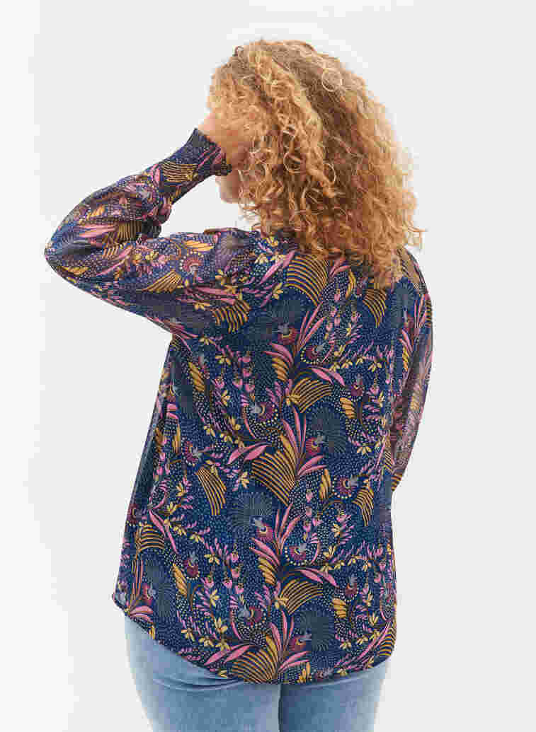 Blomstrete bluse med lange ermer og V-hals, Blue w. Pink Leaf, Model image number 1