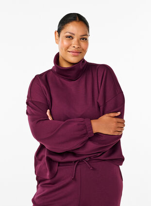 Zizzi Bluse i modalblandet kvalitet med halvpolo, Mørk Bordeaux, Model image number 0