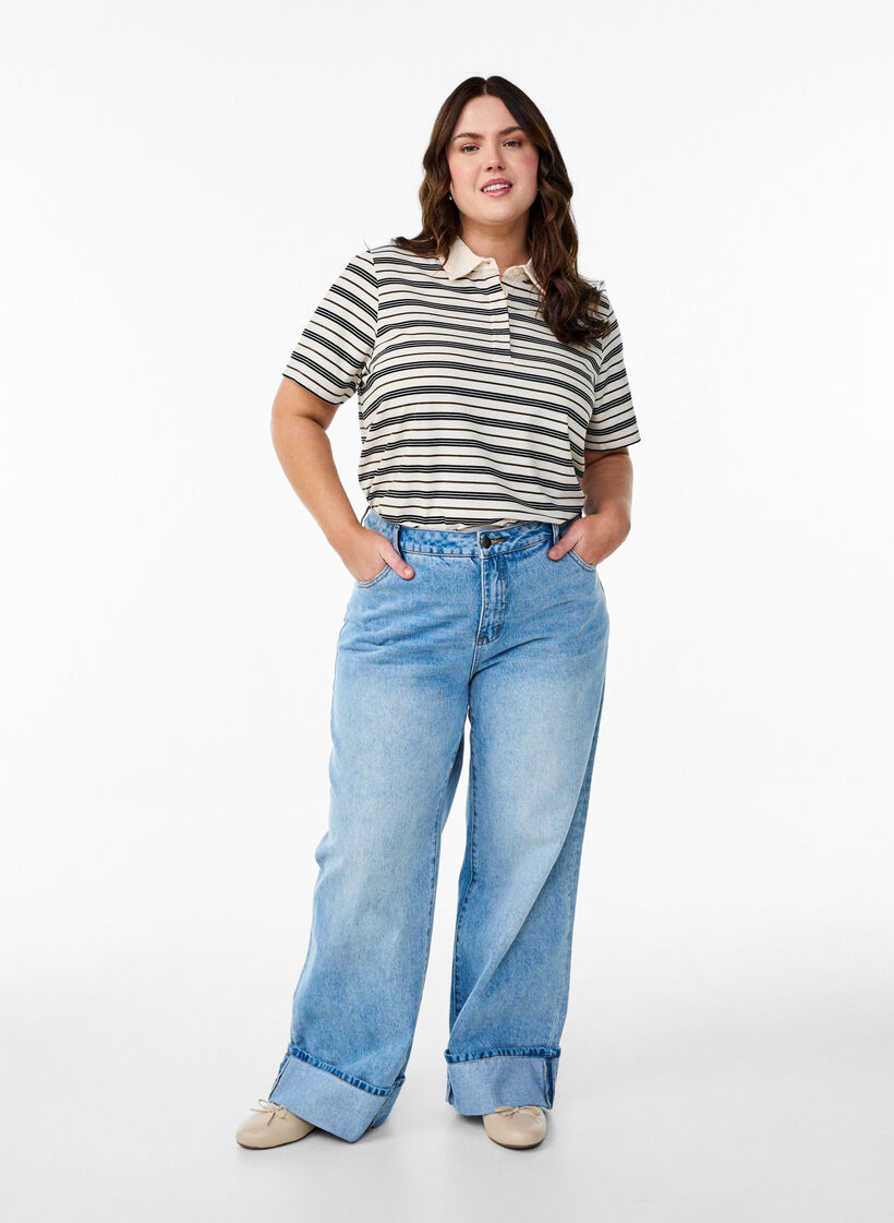 Stripete poloskjorte med korte ermer, Hvit, Model image number 1