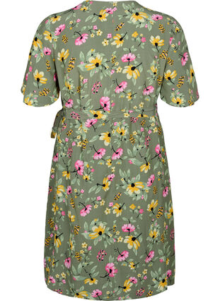 Kjole til gravide i viskose med omslagseffekt, Green Flower Print, Packshot image number 1