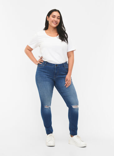 Super slim Sanna jeans med slitte detaljer, Blue denim, Model image number 0