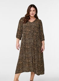 Midikjole med leopardmønster og 3/4 ermer, Brun Midikjole med leopardmønster og 3/4 ermer, Brun, Model