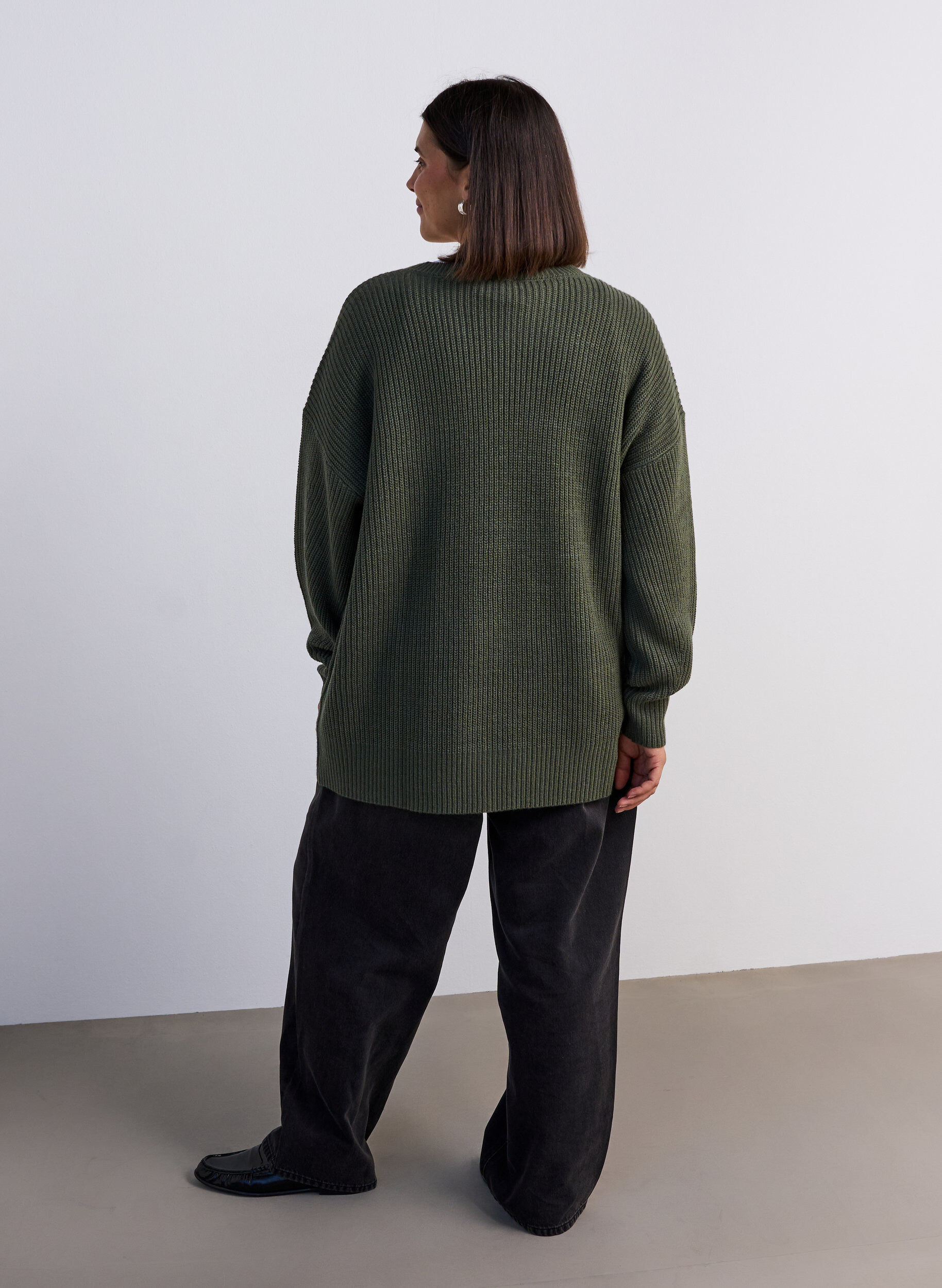 ZizziLang ribbestrikket bluse med V-hals, Gr&oslash;nn, Model image number 2