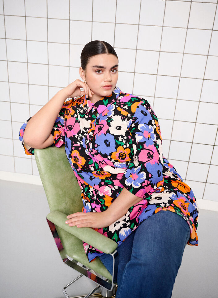 Blomstrete tunika med 3/4-ermer, Vibrant Flower AOP, Image