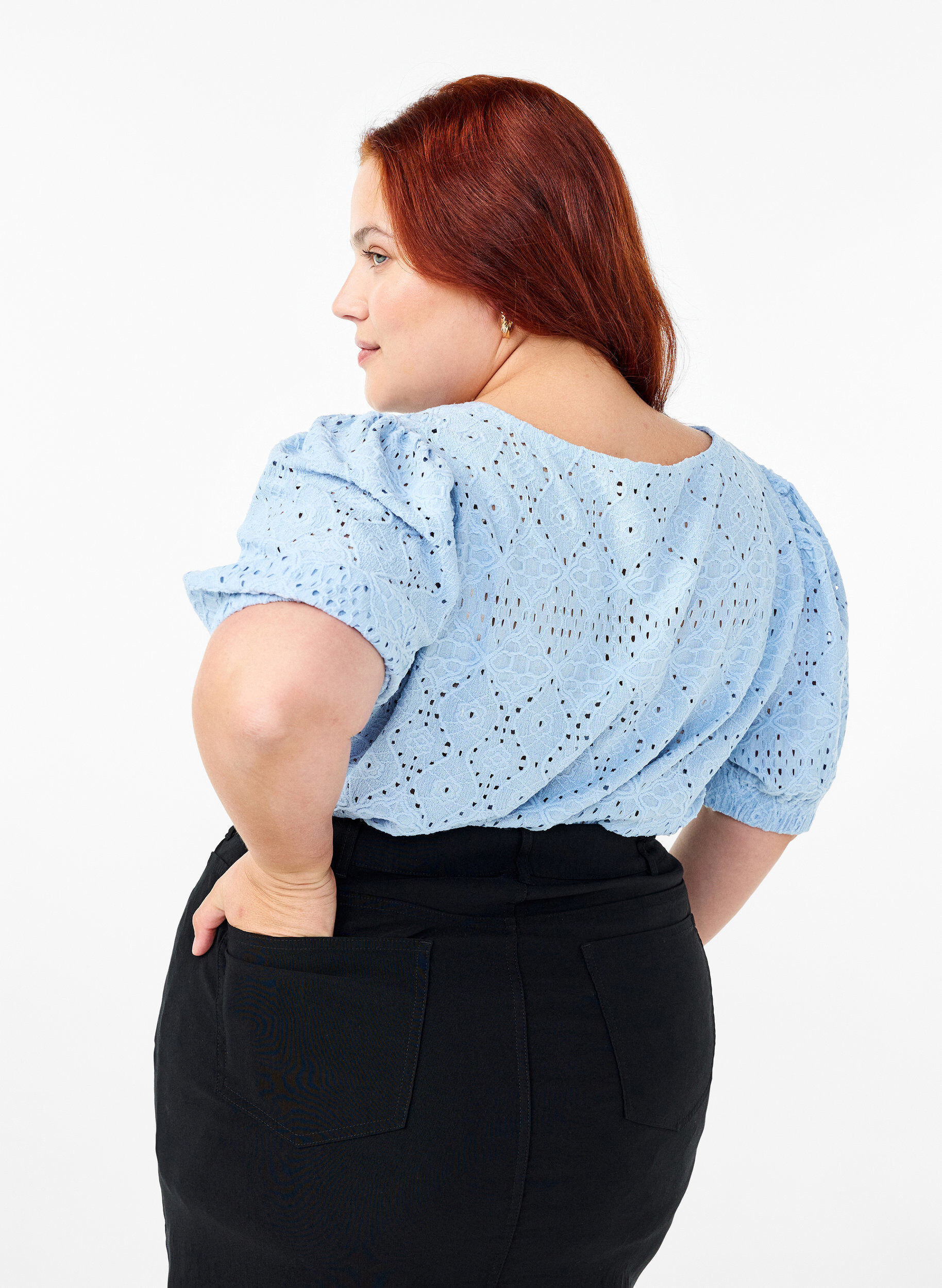 ZizziKortermet bluse med blondem&oslash;nster, Cashmere Blue, Model image number 1