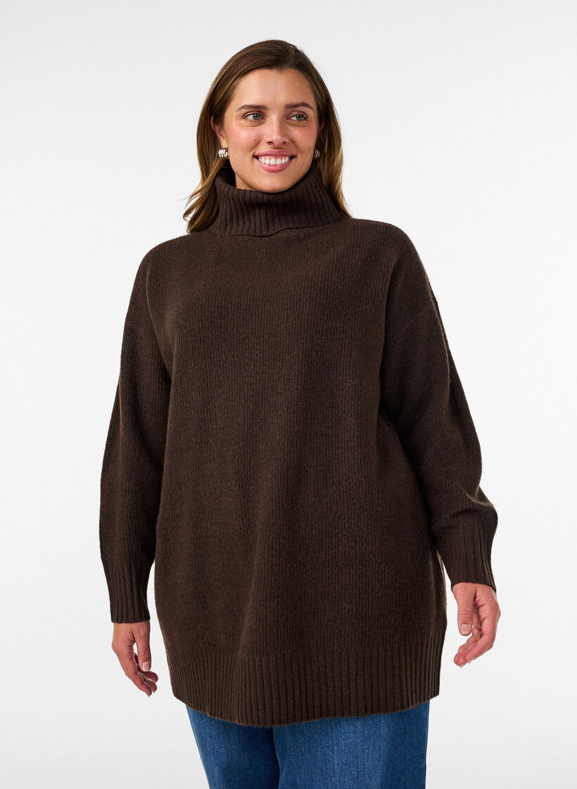 L&oslash;s strikket genser med rullekrage, Brun, Model image number 0