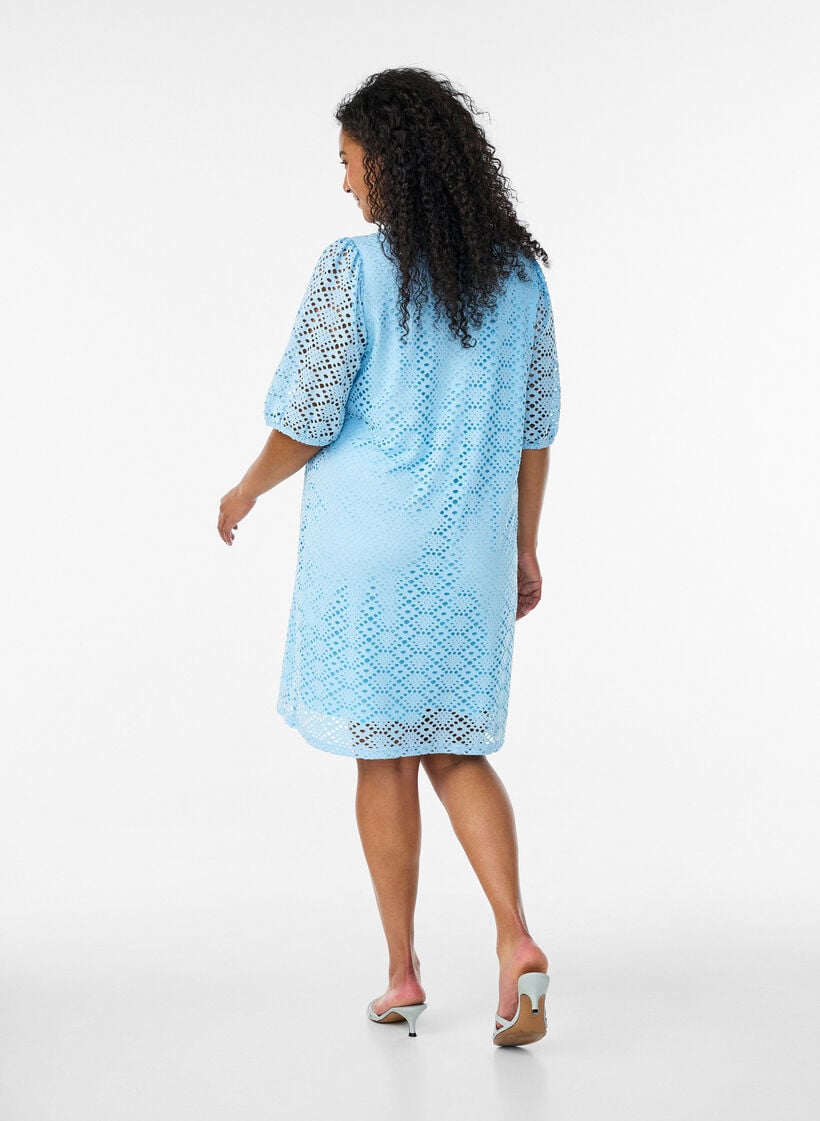Knee-length dress with eyelet pattern and short sleeves, Light Blue, Model image number 2