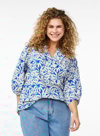 3/4 ermet bomullsbluse med blomster, Blå 3/4 ermet bomullsbluse med blomster, Blå, Model