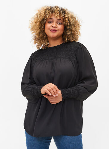 Langermet bluse med smock, Black, Model image number 0