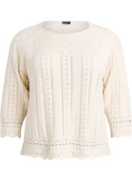 Strikket topp med hullbroderi og 3/4 ermer, Beige