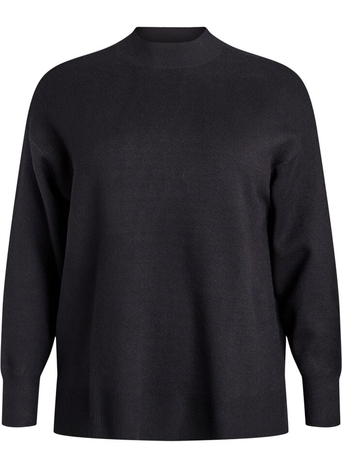Strikkebluse med høy hals, Svart, Packshot image number 0