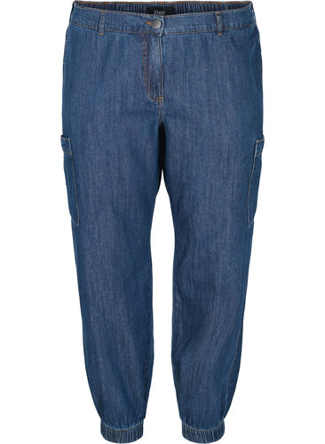 Cargojeans med lommer på siden, Dark blue denim, Packshot image number 0