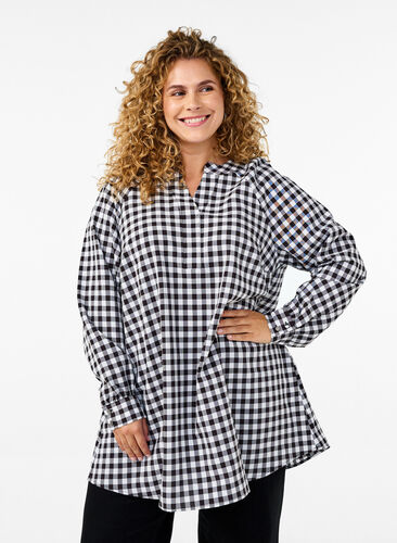 Zizzi Rutete tunika med V-hals, Black/W. Gingham, Model image number 0