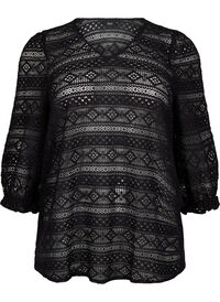 Bluse med hullmønster og 3/4-ermer, Svart Bluse med hullmønster og 3/4-ermer