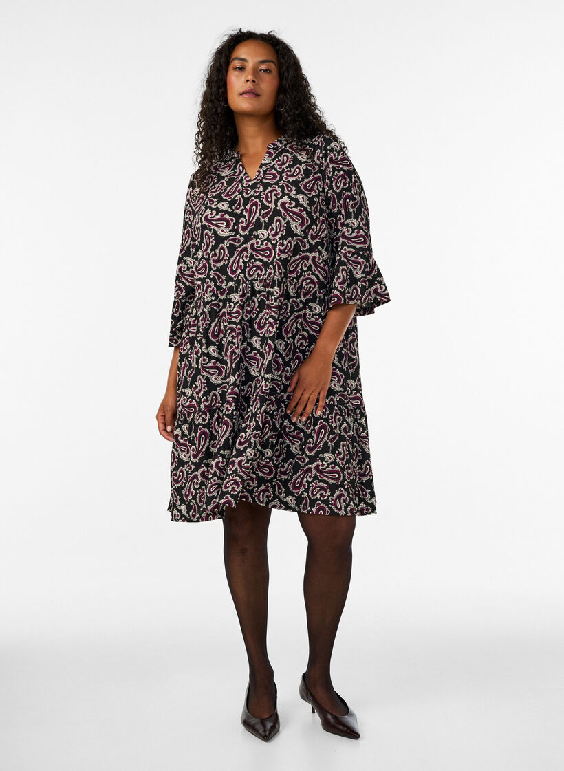 Kort A-linjet jerseykjole med heldekkende print, M&oslash;rk Bordeaux, Model image number 1