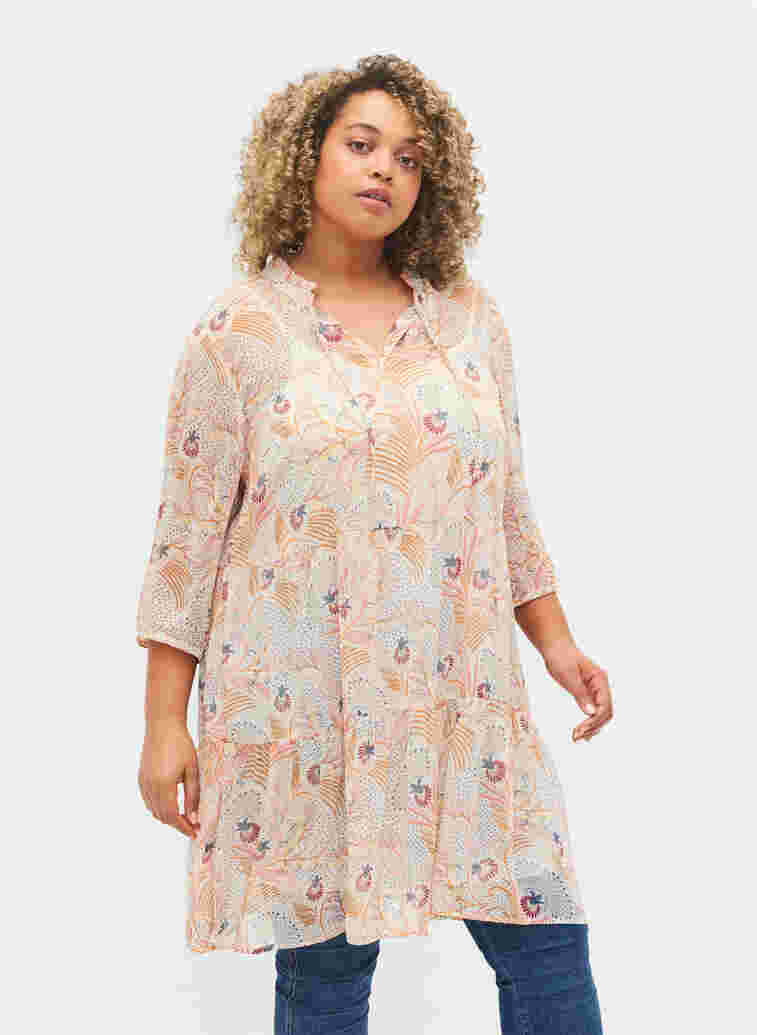 Tunika med blomstermønster og lurex, Yellow/Pink AOP, Model