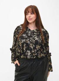 Langermet bluse med volanger og folietrykk, Black Foil AOP, Model