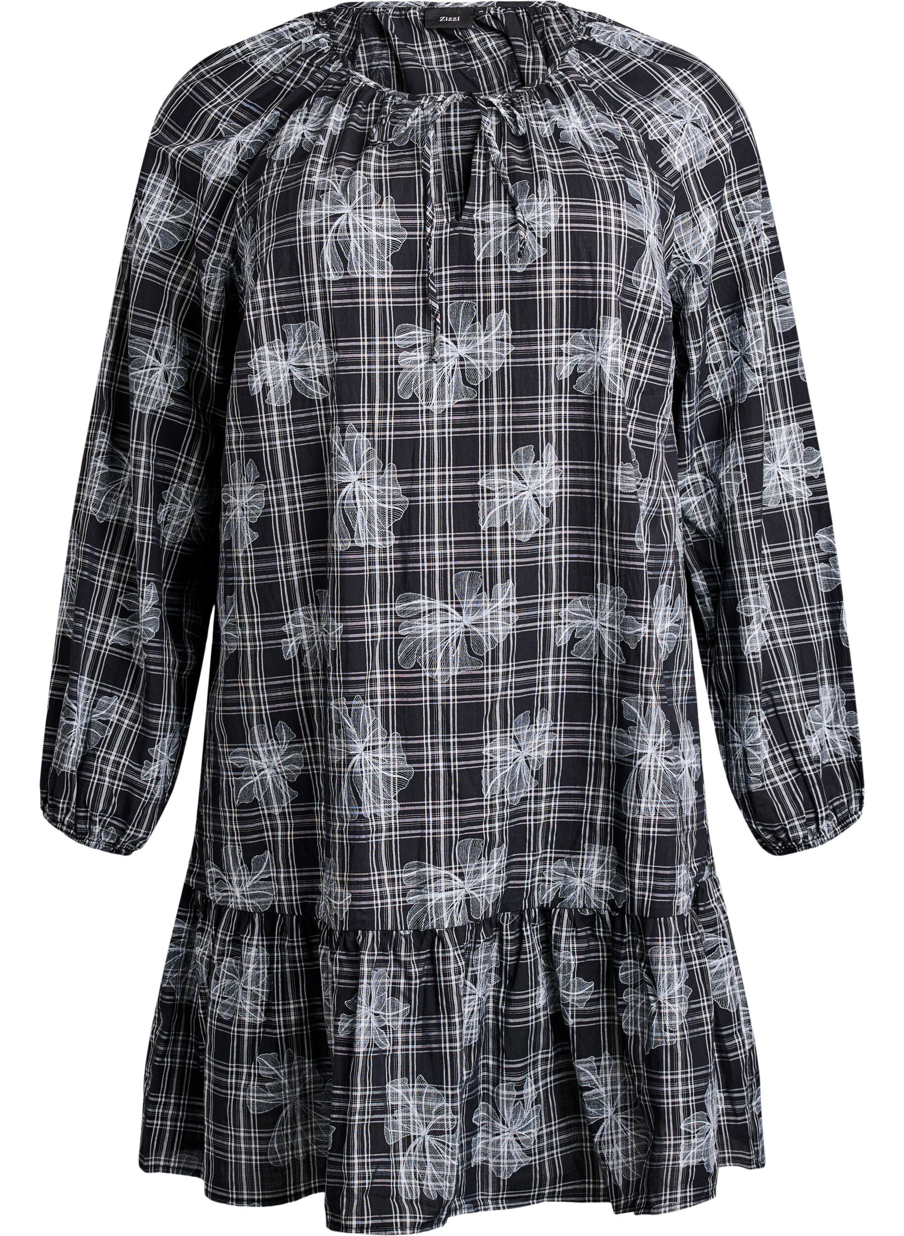 Kort kjole med rutet og blomstertrykk