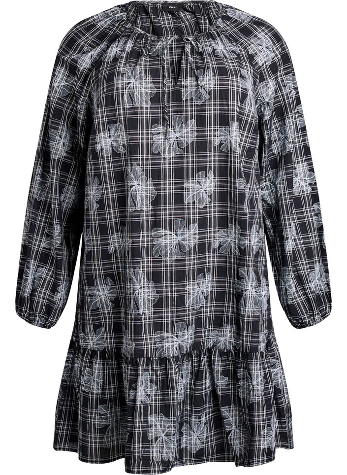 Kort kjole med rutet og blomstertrykk, Svart, Packshot image number 0