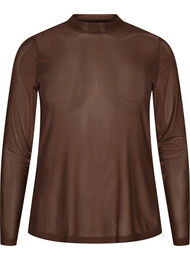 Tett sittende meshbluse med lange ermer, Brun