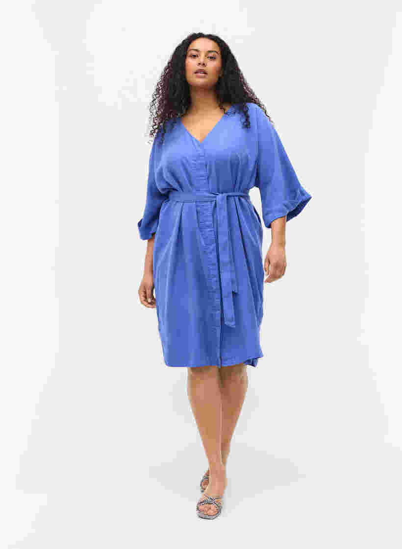 Kjole med 3/4-ermer og knyting, Dazzling Blue, Model image number 2
