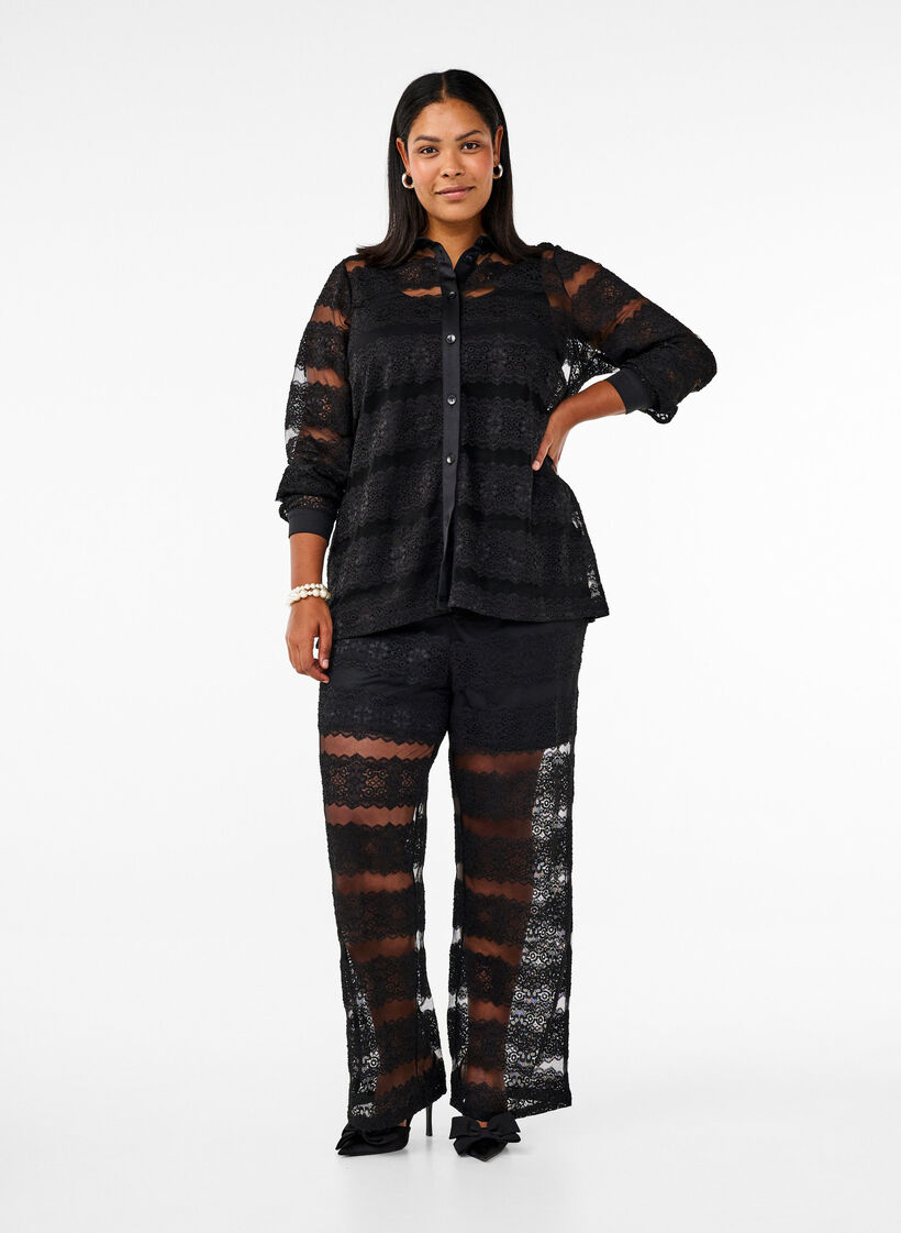 Løse bukser med blonder og gjennomsiktig mesh., Black, Model image number 0