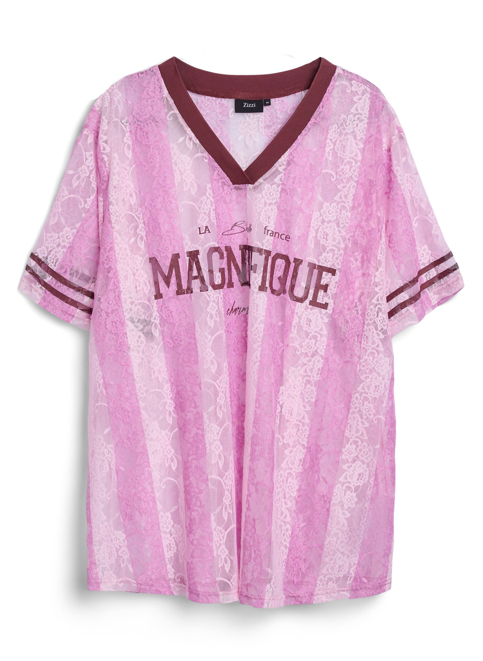 Stripete bluse med blonder og statement-trykk