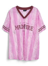 Stripete bluse med blonder og statement-trykk, Pink Drink w. Stripe