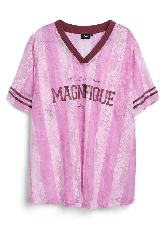 Stripete bluse med blonder og statement-trykk, Rosa, Packshot image number 0