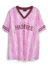 Stripete bluse med blonder og statement-trykk, Rosa Stripete bluse med blonder og statement-trykk