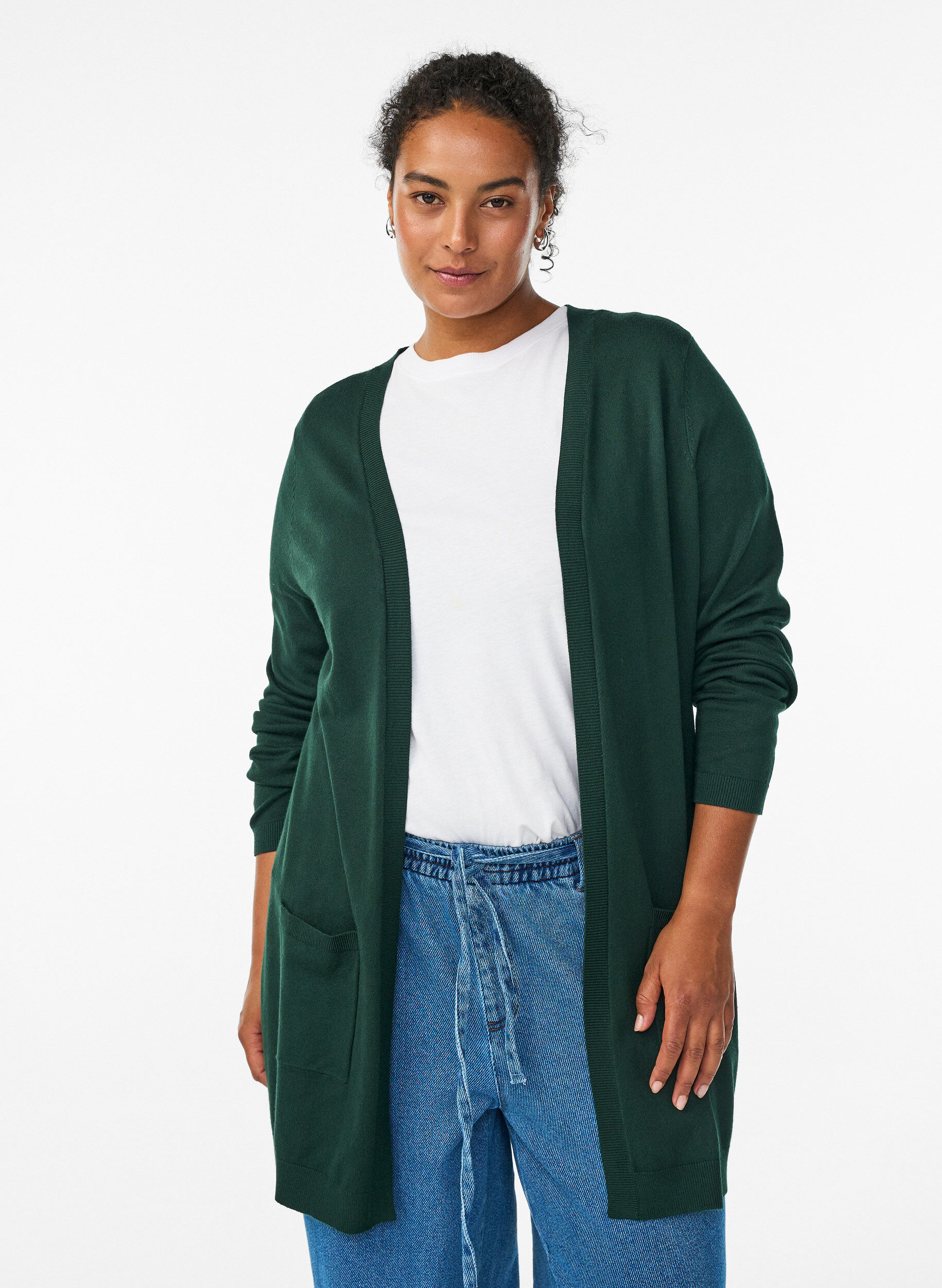 Lang, strikket cardigan i en viskoseblanding, Gr&oslash;nn, Model