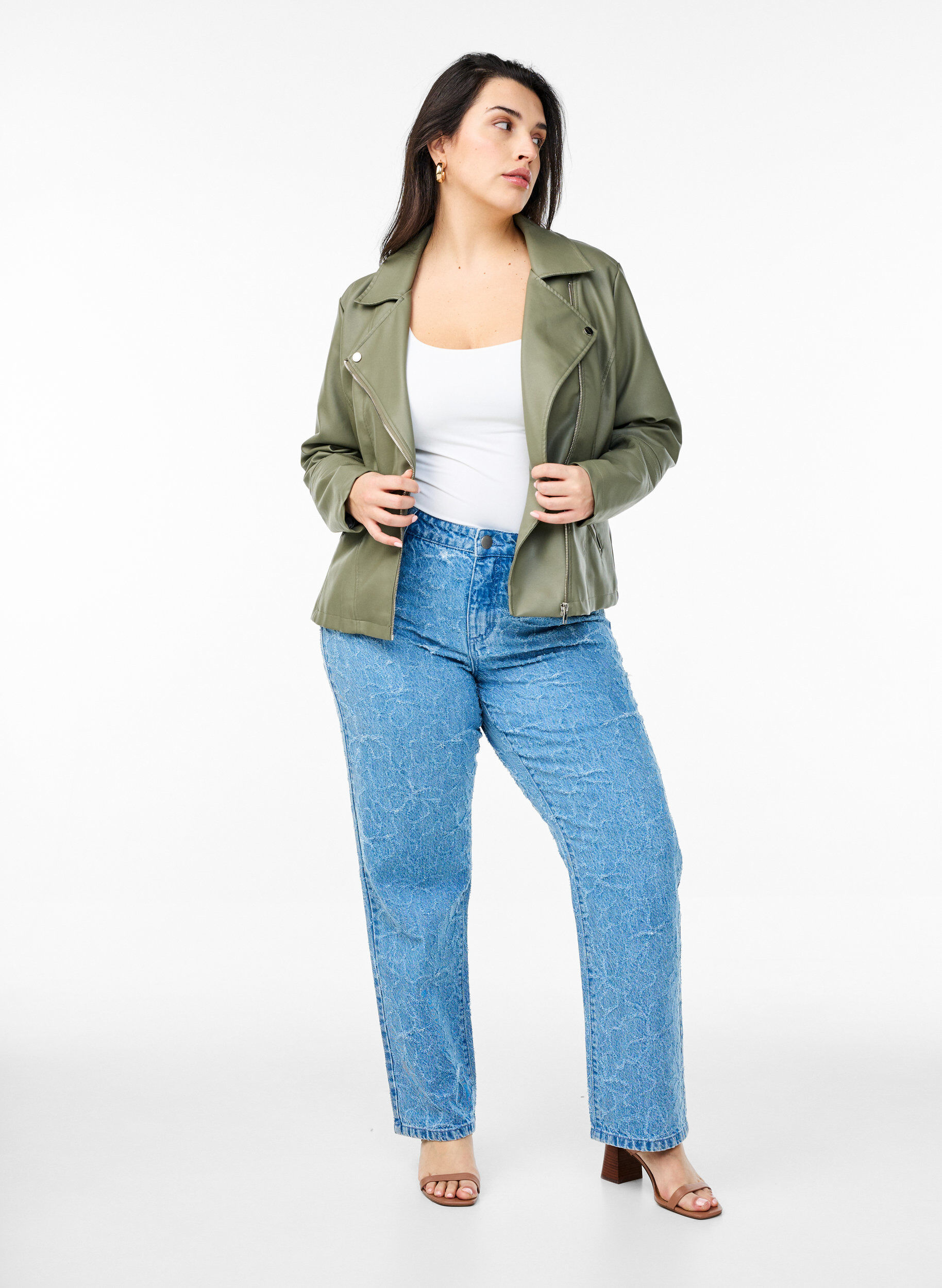 Zizzi Bikerjakke i imitert skinn, Gr&oslash;nn, Model image number 1