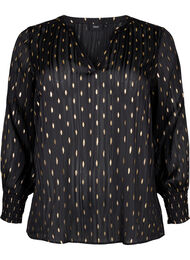 Mønstrete bluse med smock og V-hals, Black w. Gold