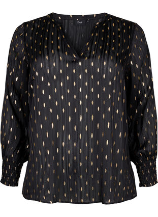Mønstrete bluse med smock og V-hals, Black w. Gold, Packshot image number 0