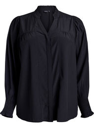 Bluse med rysjekrage og rynking, Svart