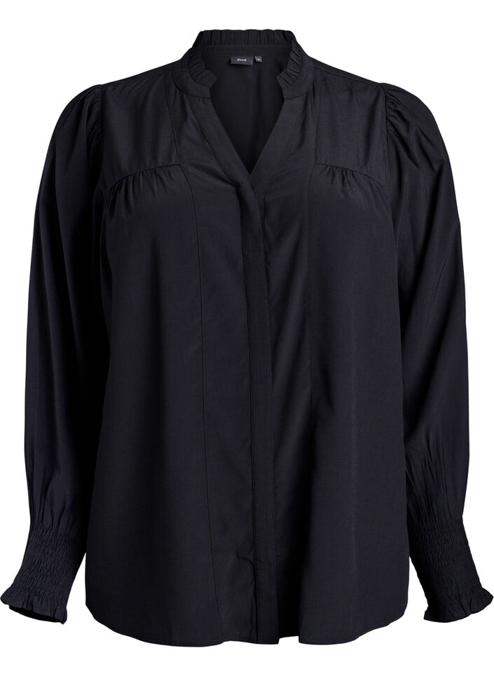 Bluse med rysjekrage og rynking, Svart, Packshot image number 0
