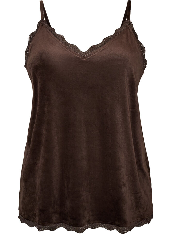 Velour topp med blonderkant, Brun, Packshot image number 0