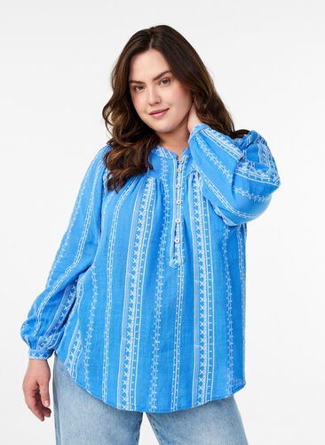 Zizzi Bluse med brodert mønster, Blå, Model image number 0
